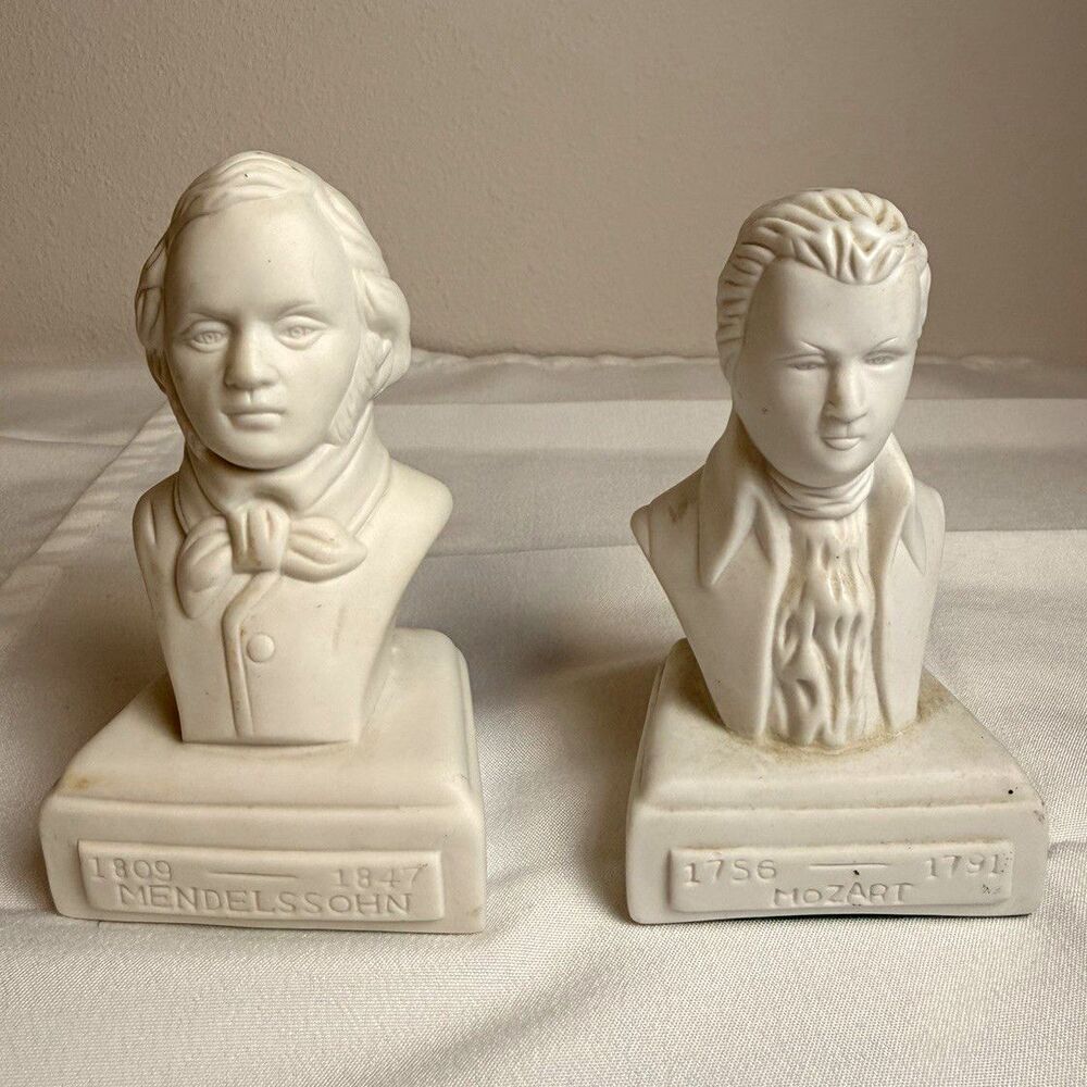 Vintage Composer Bust Figurine Pair Mozart Mendelssohn White Ceramic Statue Set
